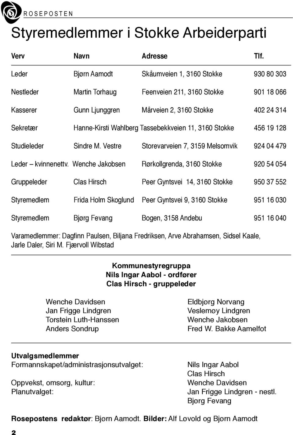 Wahlberg Tassebekkveien 11, 3160 Stokke 456 19 128 Studieleder Sindre M. Vestre Storevarveien 7, 3159 Melsomvik 924 04 479 Leder kvinnenettv.