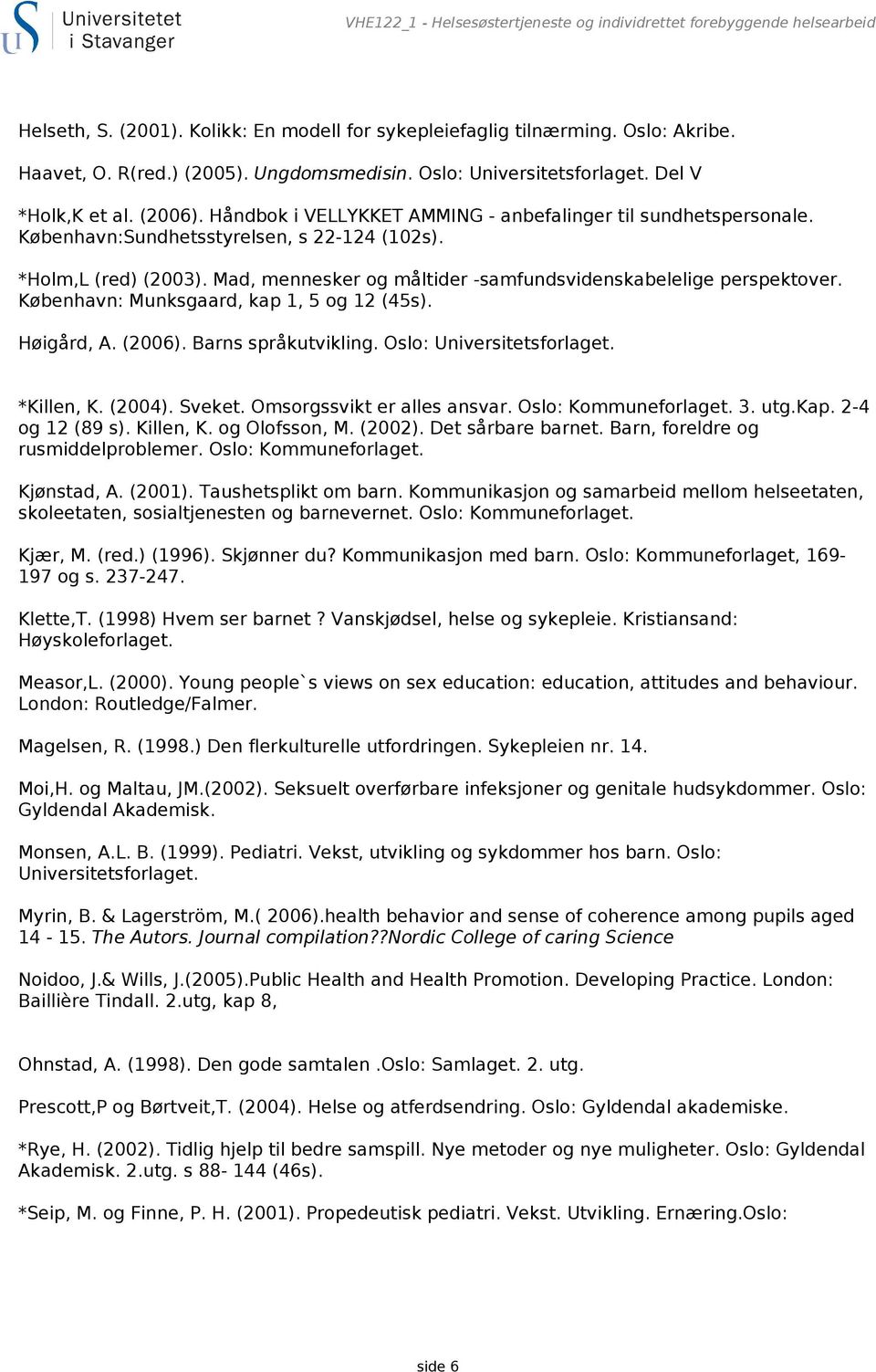 Mad, mennesker og måltider -samfundsvidenskabelelige perspektover. København: Munksgaard, kap 1, 5 og 12 (45s). Høigård, A. (2006). Barns språkutvikling. Oslo: Universitetsforlaget. *Killen, K.