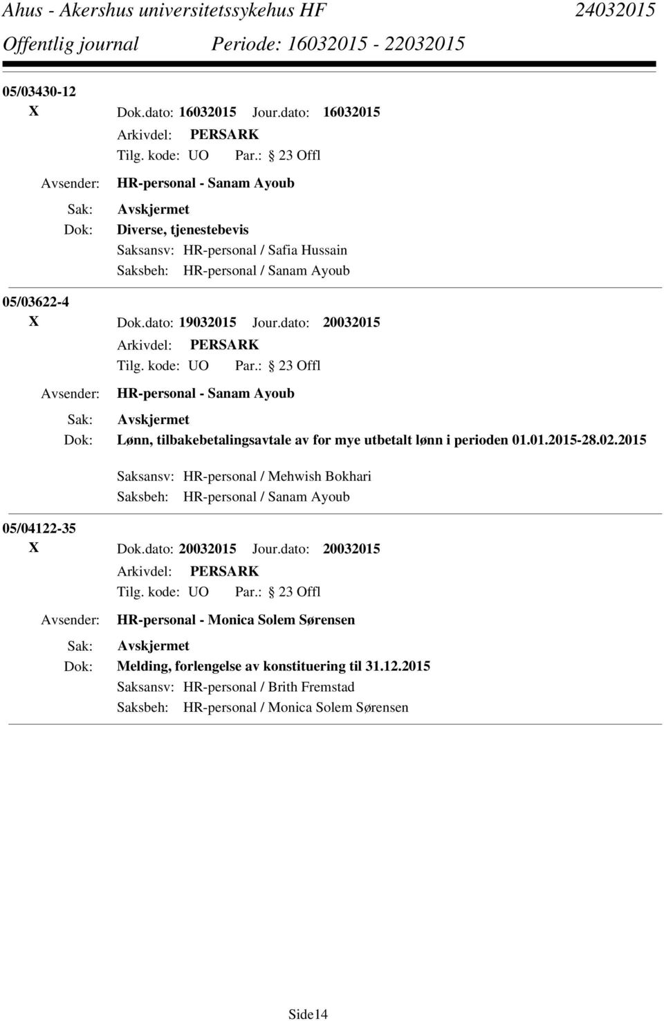 dato: 19032015 Jour.dato: 20032015 HR-personal - Sanam Ayoub Lønn, tilbakebetalingsavtale av for mye utbetalt lønn i perioden 01.01.2015-28.02.