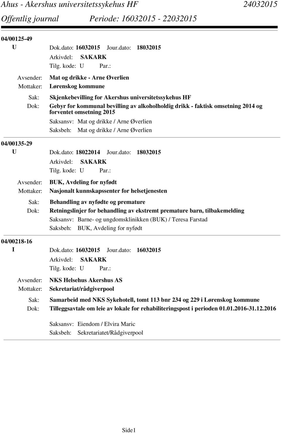 omsetning 2015 Saksansv: Mat og drikke / Arne Øverlien Saksbeh: Mat og drikke / Arne Øverlien 04/00135-29 U Dok.dato: 18022014 Jour.dato: 18032015 Tilg. kode: U Par.