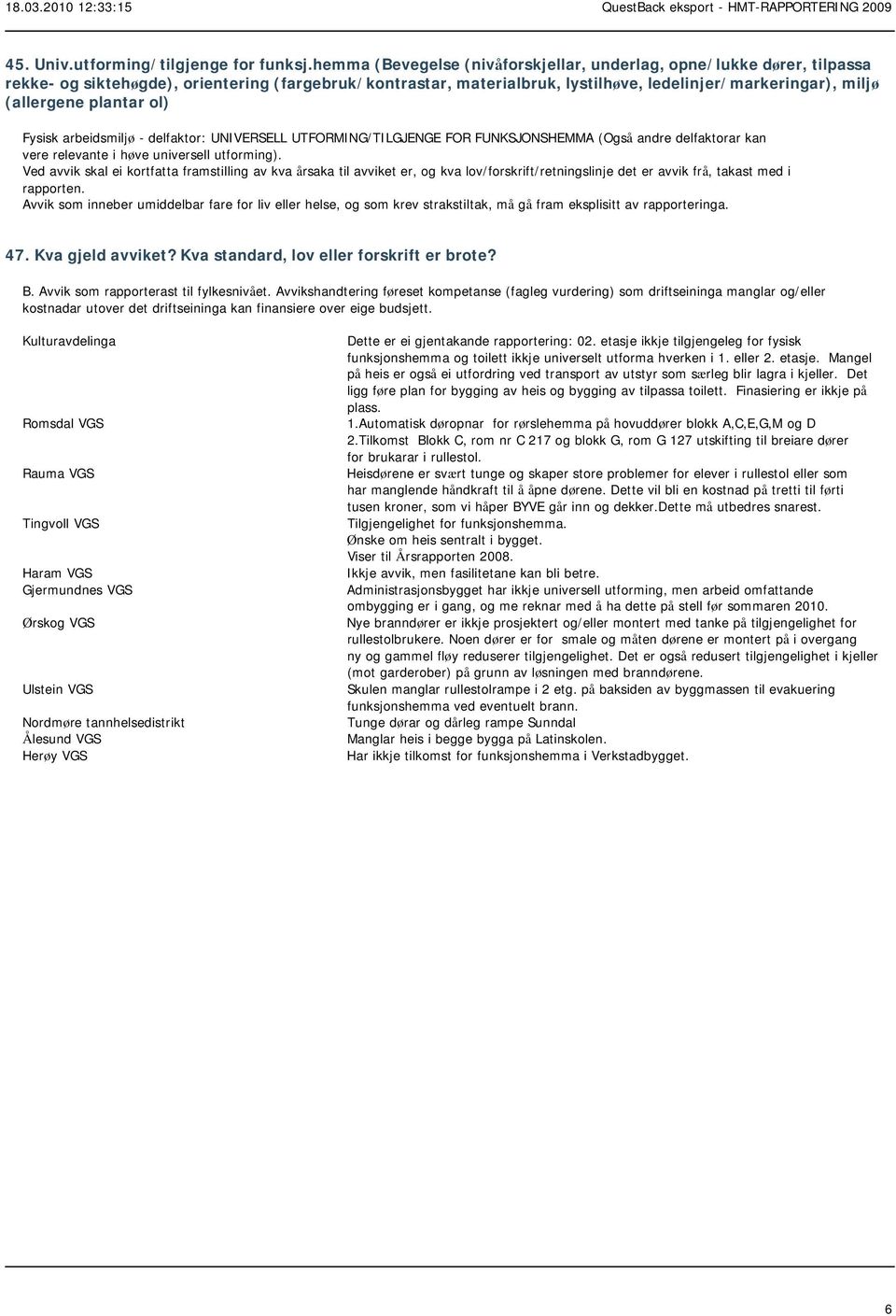 plantar ol) Fysisk arbeidsmiljø - delfaktor: UNIVERSELL UTFORMING/TILGJENGE FOR FUNKSJONSHEMMA (Også andre delfaktorar kan vere relevante i høve universell utforming). 47. Kva gjeld avviket?