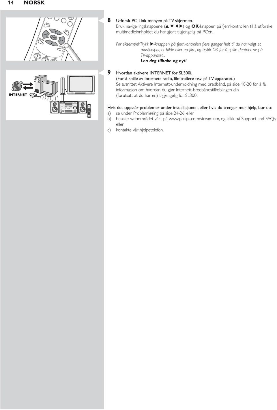 INTERNET 9 Hvordan aktivere INTERNET for SL300i. (For å spille av Internett-radio, filmtrailere osv. på TV-apparatet.