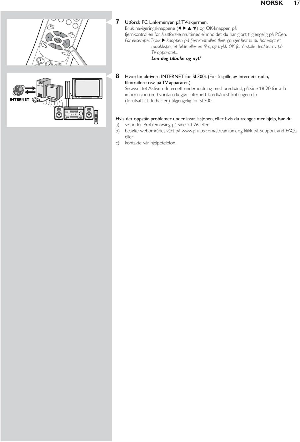 INTERNET 8 Hvordan aktivere INTERNET for SL300i. (For å spille av Internett-radio, filmtrailere osv. på TV-apparatet.