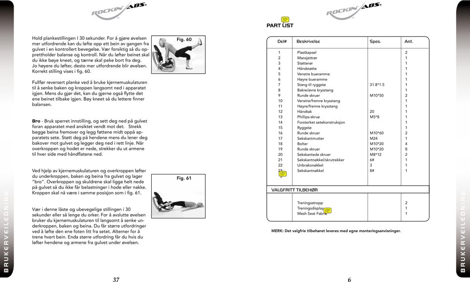 Korrekt stilling vises i fig. 60. Fullfør reversert planke ved å bruke kjernemuskulaturen til å senke baken og kroppen langsomt ned i apparatet igjen.