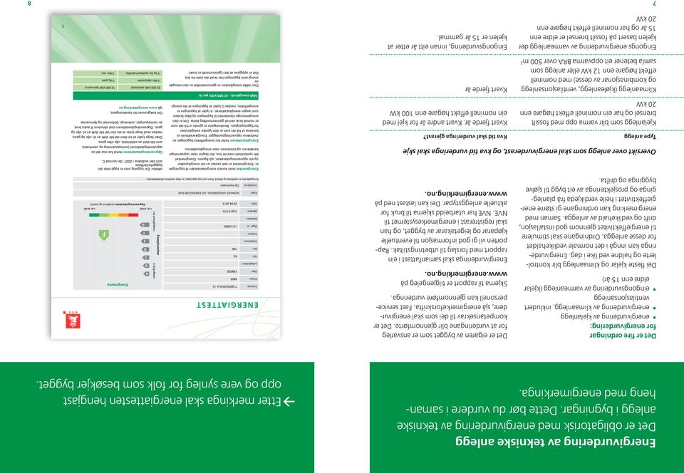 Det er fire ordningar for energivurdering: energivurdering av kjelanlegg energivurdering av klimaanlegg, inkludert ventilasjonsanlegg eingongsvurdering av varmeanlegg (kjelar eldre enn 15 år) Dei