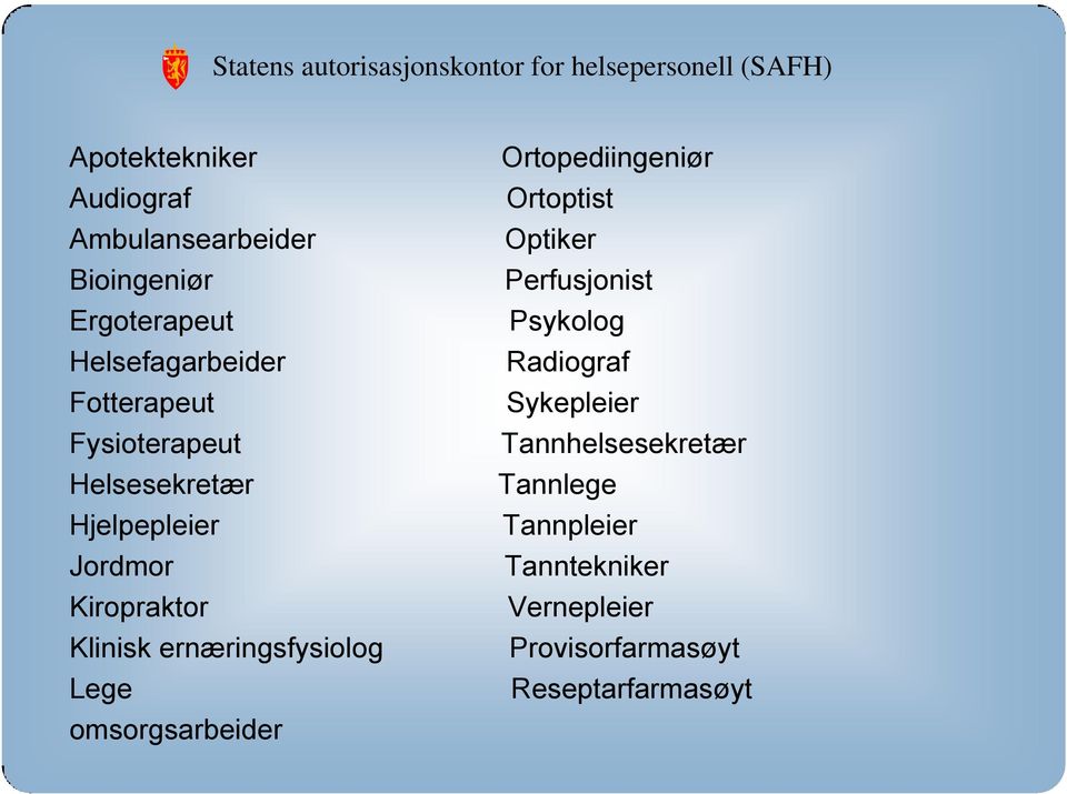 ernæringsfysiolog Lege omsorgsarbeider Ortopediingeniør Ortoptist Optiker Perfusjonist Psykolog