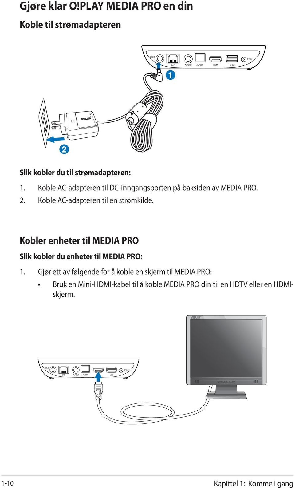 Koble AC-adapteren til DC-inngangsporten på baksiden av MEDIA PRO. 2. Koble AC-adapteren til en strømkilde.