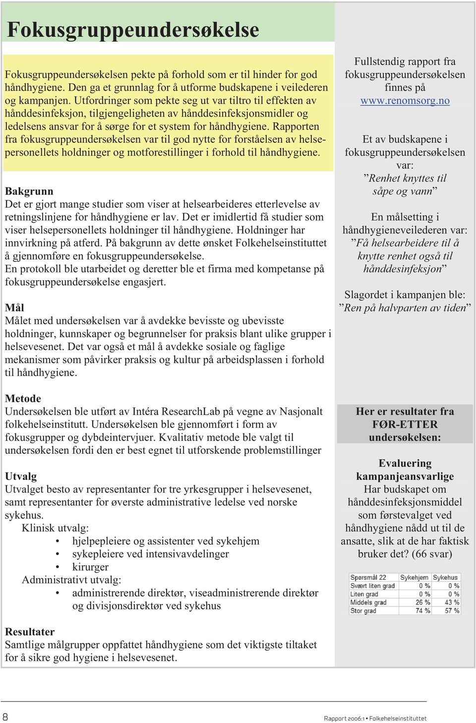 Rapporten fra fokusgruppeundersøkelsen var til god nytte for forståelsen av helsepersonellets holdninger og motforestillinger i forhold til håndhygiene.