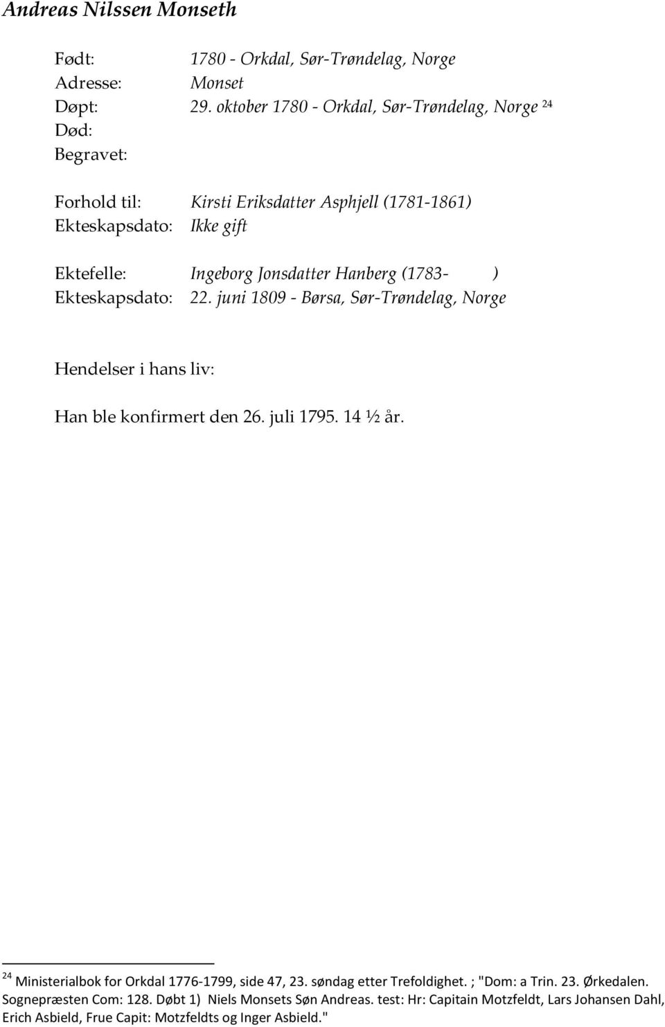 Jonsdatter Hanberg (1783- ) Ekteskapsdato: 22. juni 1809 - Børsa, Sør-Trøndelag, Norge Hendelser i hans liv: Han ble konfirmert den 26. juli 1795. 14 ½ år.