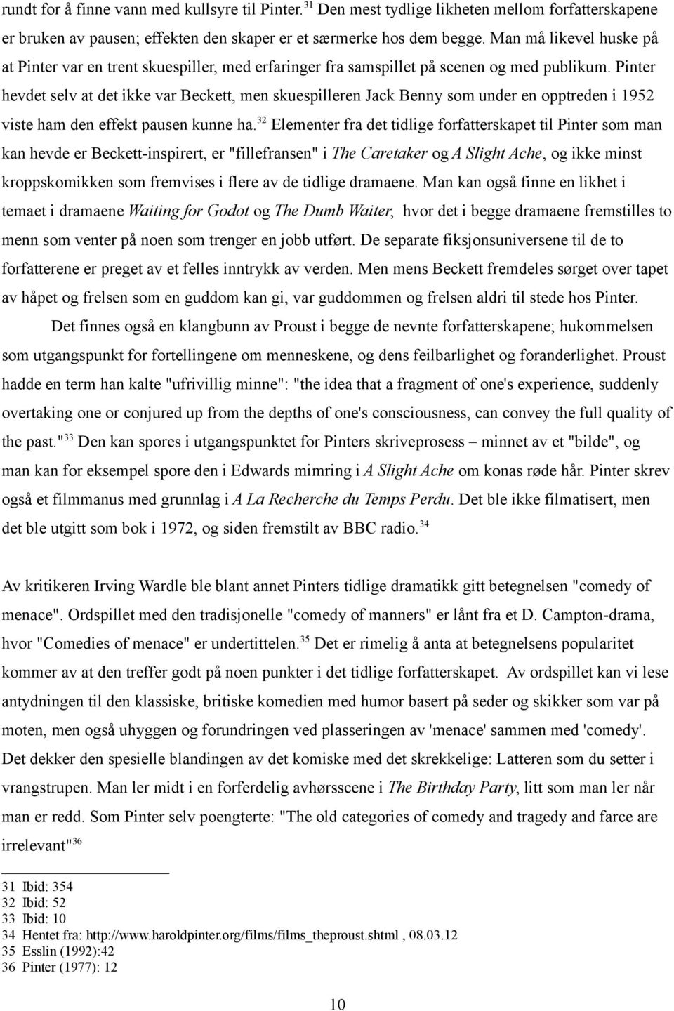 Pinter hevdet selv at det ikke var Beckett, men skuespilleren Jack Benny som under en opptreden i 1952 viste ham den effekt pausen kunne ha.