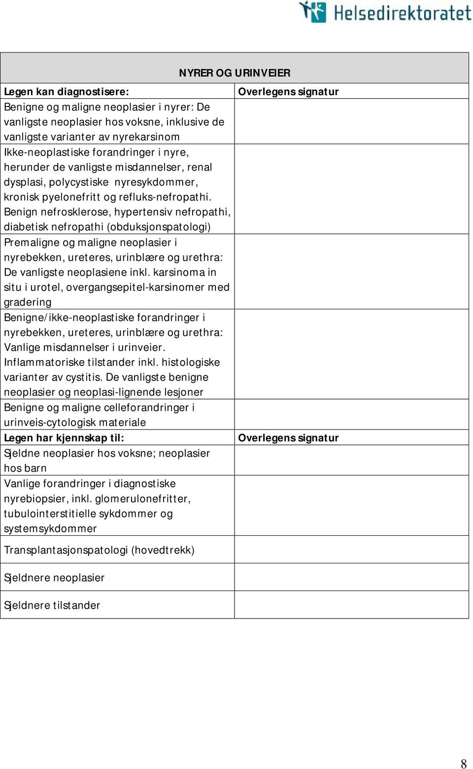 Benign nefrosklerose, hypertensiv nefropathi, diabetisk nefropathi (obduksjonspatologi) Premaligne og maligne neoplasier i nyrebekken, ureteres, urinblære og urethra: De vanligste neoplasiene inkl.