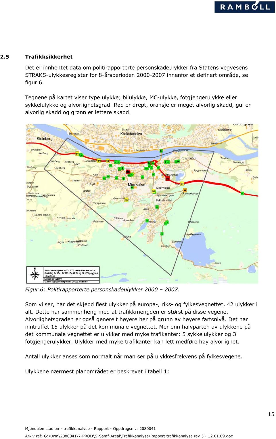 Rød er drept, oransje er meget alvorlig skadd, gul er alvorlig skadd og grønn er lettere skadd. Figur 6: Politirapporterte personskadeulykker 2000 2007.