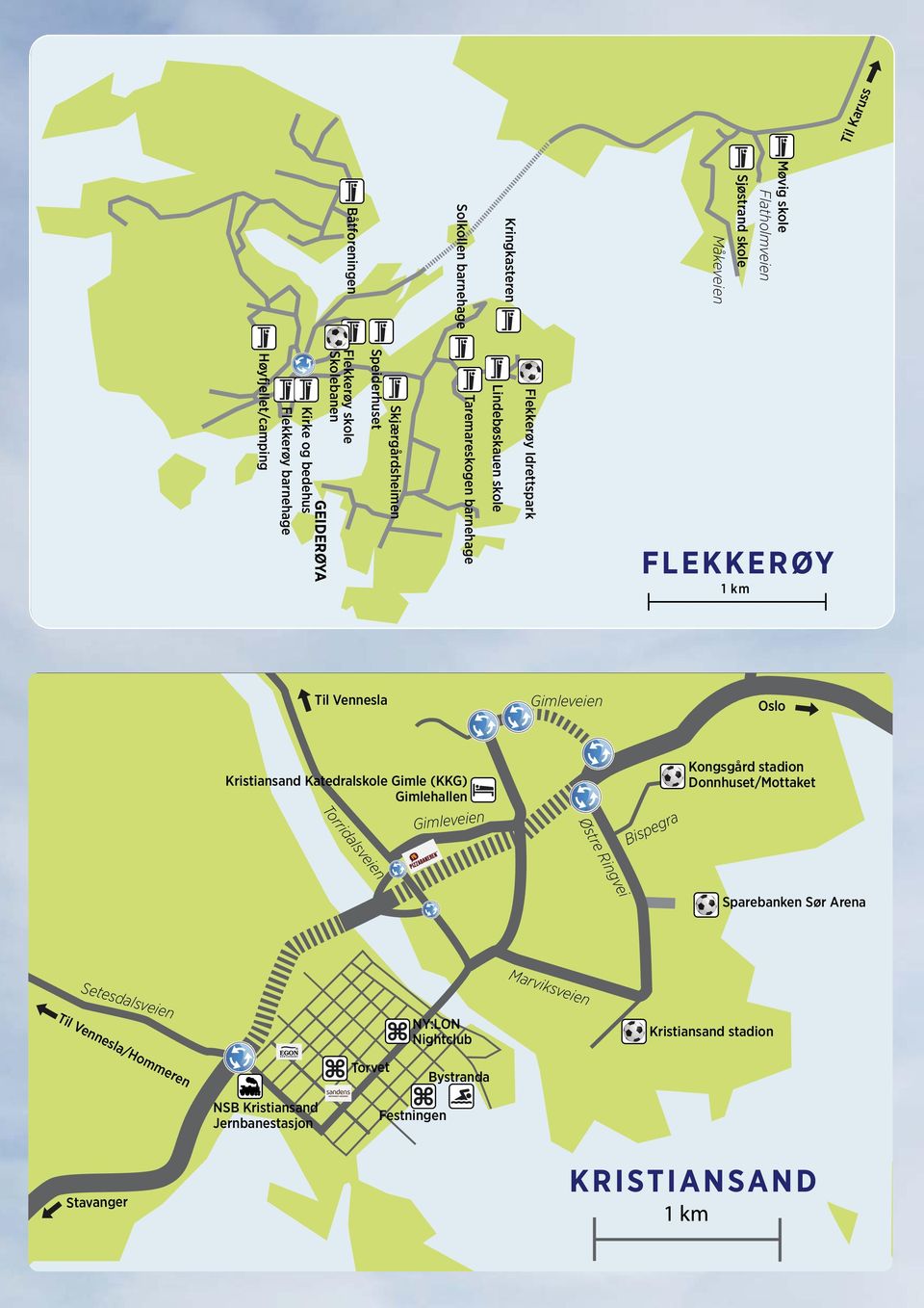 Flekkerøy Idrettsprk Lindebøskuen Tremreskogen brnehge Skjærgårdsheimen Speiderhuset Geiderøy 1 km Til Vennesl Til Ve nn Sjøstrnd Måkeveien Kringksteren