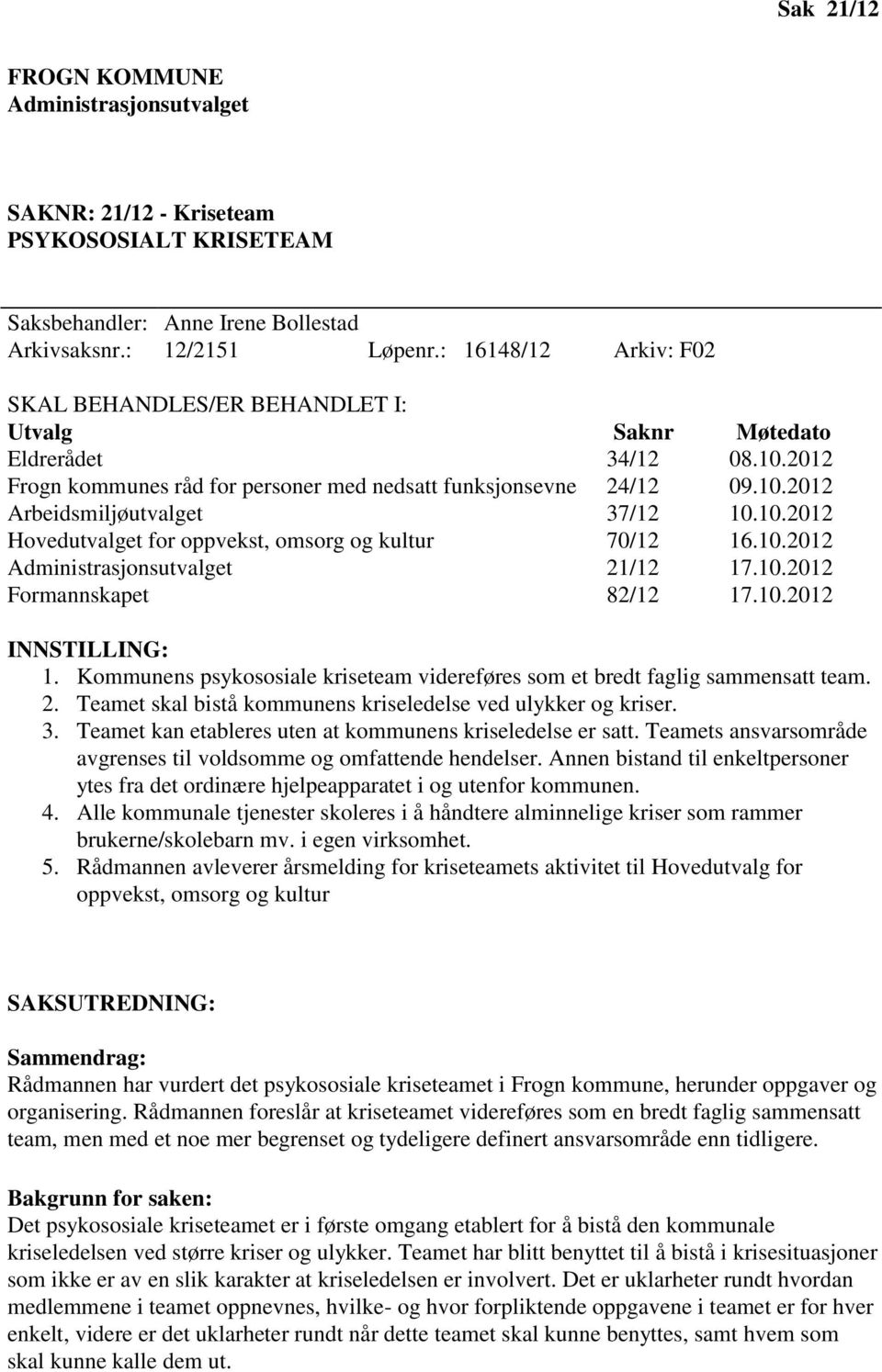 10.2012 Hovedutvalget for oppvekst, omsorg og kultur 70/12 16.10.2012 Administrasjonsutvalget 21/12 17.10.2012 Formannskapet 82/12 17.10.2012 INNSTILLING: 1.