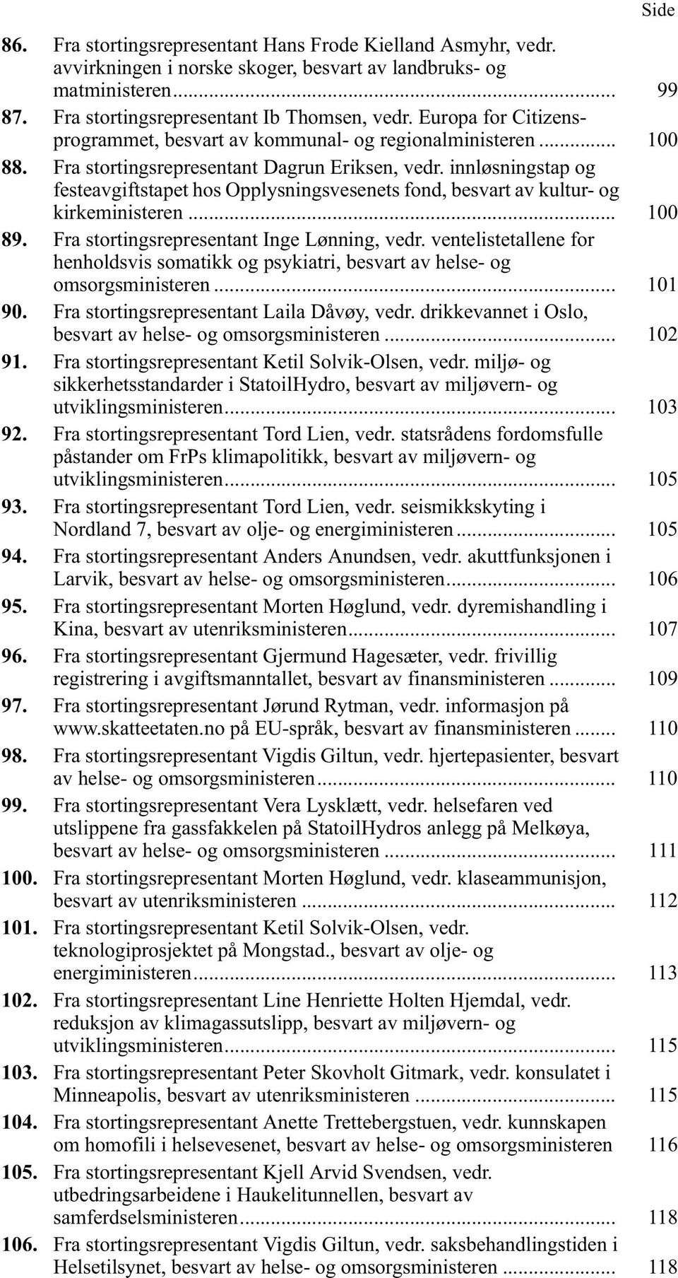 innløsningstap og festeavgiftstapet hos Opplysningsvesenets fond, besvart av kultur- og kirkeministeren... 100 89. Fra stortingsrepresentant Inge Lønning, vedr.