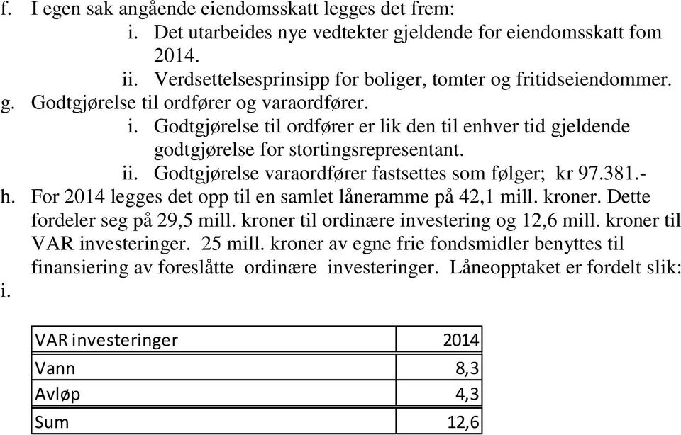 For 2014 legges det opp til en samlet låneramme på 42,1 mill. kroner. Dette fordeler seg på 29,5 mill. kroner til ordinære investering og 12,6 mill. kroner til VAR investeringer. 25 mill.