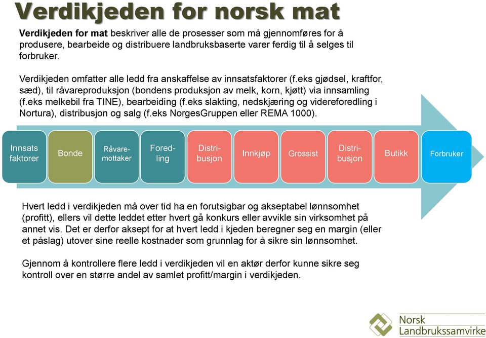 eks melkebil fra TINE), bearbeiding (f.eks slakting, nedskjæring og videreforedling i Nortura), distribusjon og salg (f.eks NorgesGruppen eller REMA 1000).