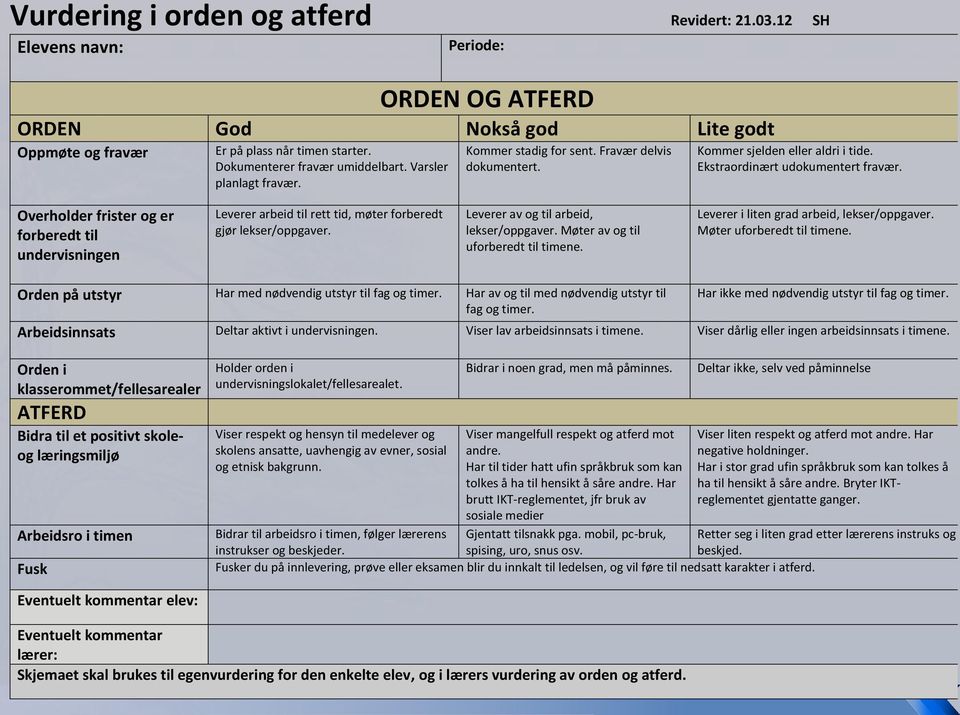 Overholder frister og er forberedt til undervisningen Leverer arbeid til rett tid, møter forberedt gjør lekser/oppgaver. Leverer av og til arbeid, lekser/oppgaver.