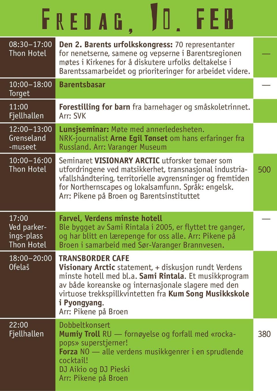 videre. Barentsbasar Forestilling for barn fra barnehager og småskoletrinnet. Arr: SVK Lunsjseminar: Møte med annerledesheten. NRK-journalist Arne Egil Tønset om hans erfaringer fra Russland.