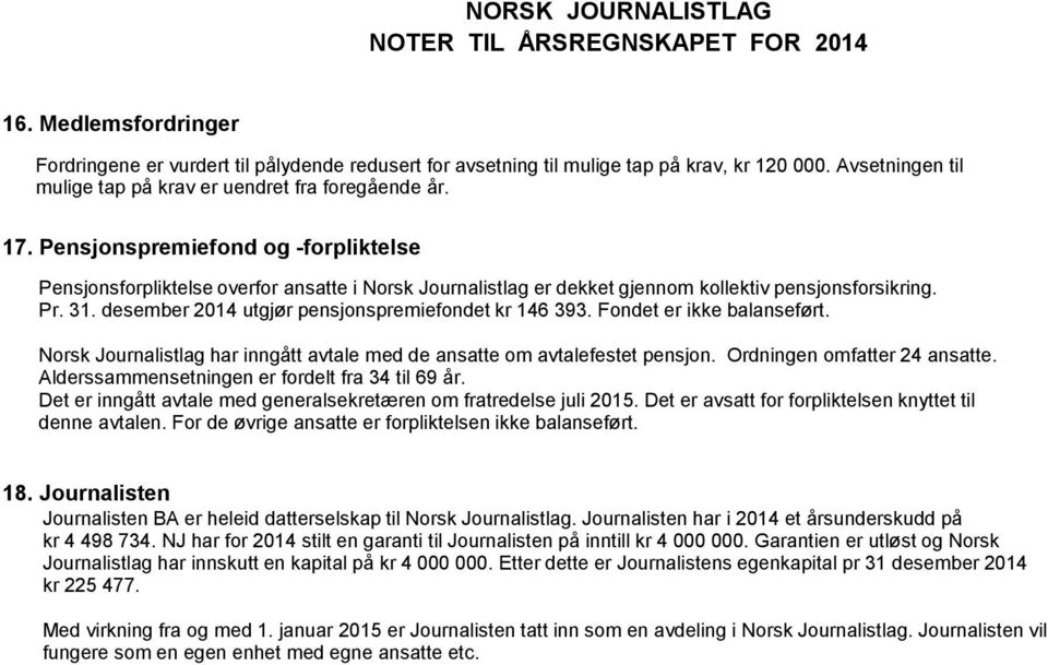 desember 2014 utgjør pensjonspremiefondet kr 146 393. Fondet er ikke balanseført. Norsk Journalistlag har inngått avtale med de ansatte om avtalefestet pensjon. Ordningen omfatter 24 ansatte.