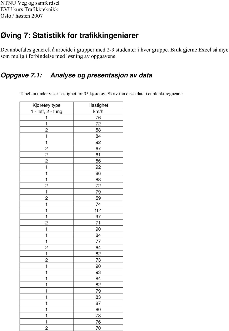 1: Analyse og presentasjon av data Tabellen under viser hastighet for 35 kjøretøy.