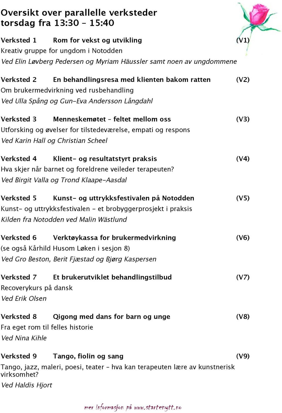 (V3) Utforsking og øvelser for tilstedeværelse, empati og respons Ved Karin Hall og Christian Scheel Verksted 4 Klient- og resultatstyrt praksis (V4) Hva skjer når barnet og foreldrene veileder