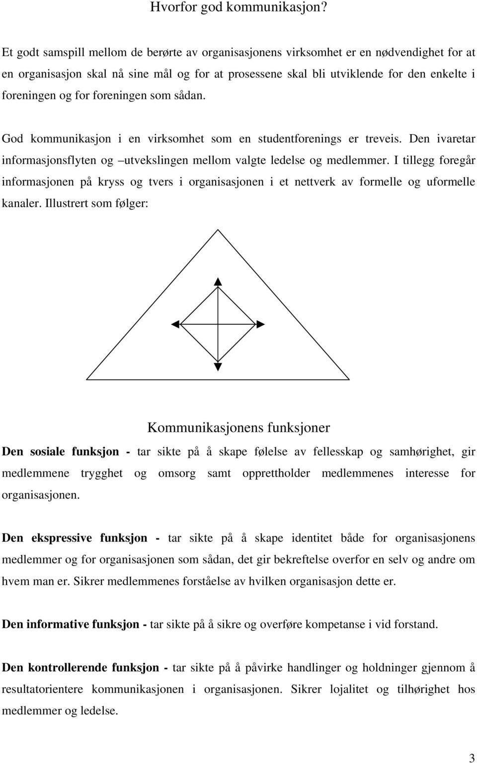 for foreningen som sådan. God kommunikasjon i en virksomhet som en studentforenings er treveis. Den ivaretar informasjonsflyten og utvekslingen mellom valgte ledelse og medlemmer.