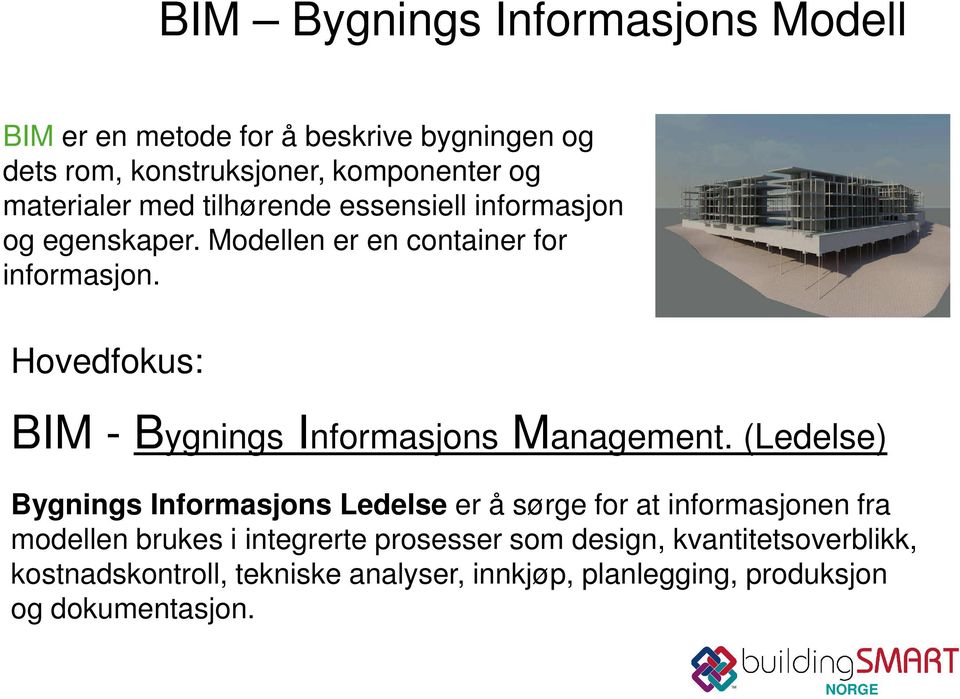 Hovedfokus: BIM - Bygnings Informasjons Management.