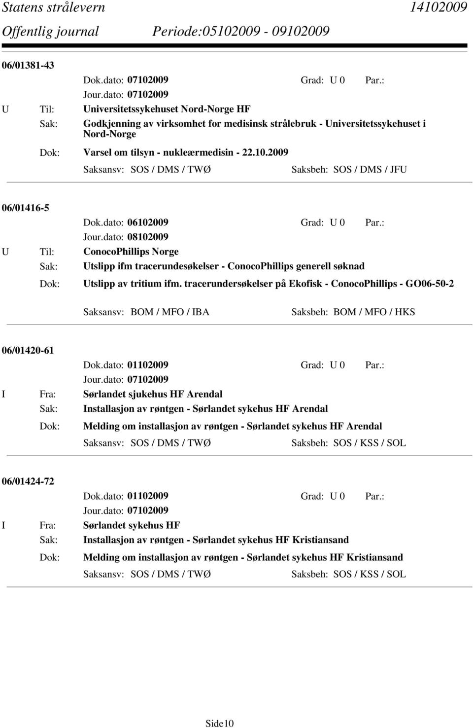 2009 Saksbeh: SOS / DMS / JFU 06/01416-5 U Til: ConocoPhillips Norge Sak: Utslipp ifm tracerundesøkelser - ConocoPhillips generell søknad Utslipp av tritium ifm.