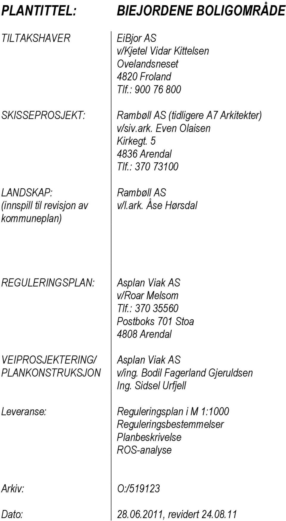 Even Olaisen Kirkegt. 5 4836 Arendal Tlf.: 370 73100 Rambøll AS v/l.ark.