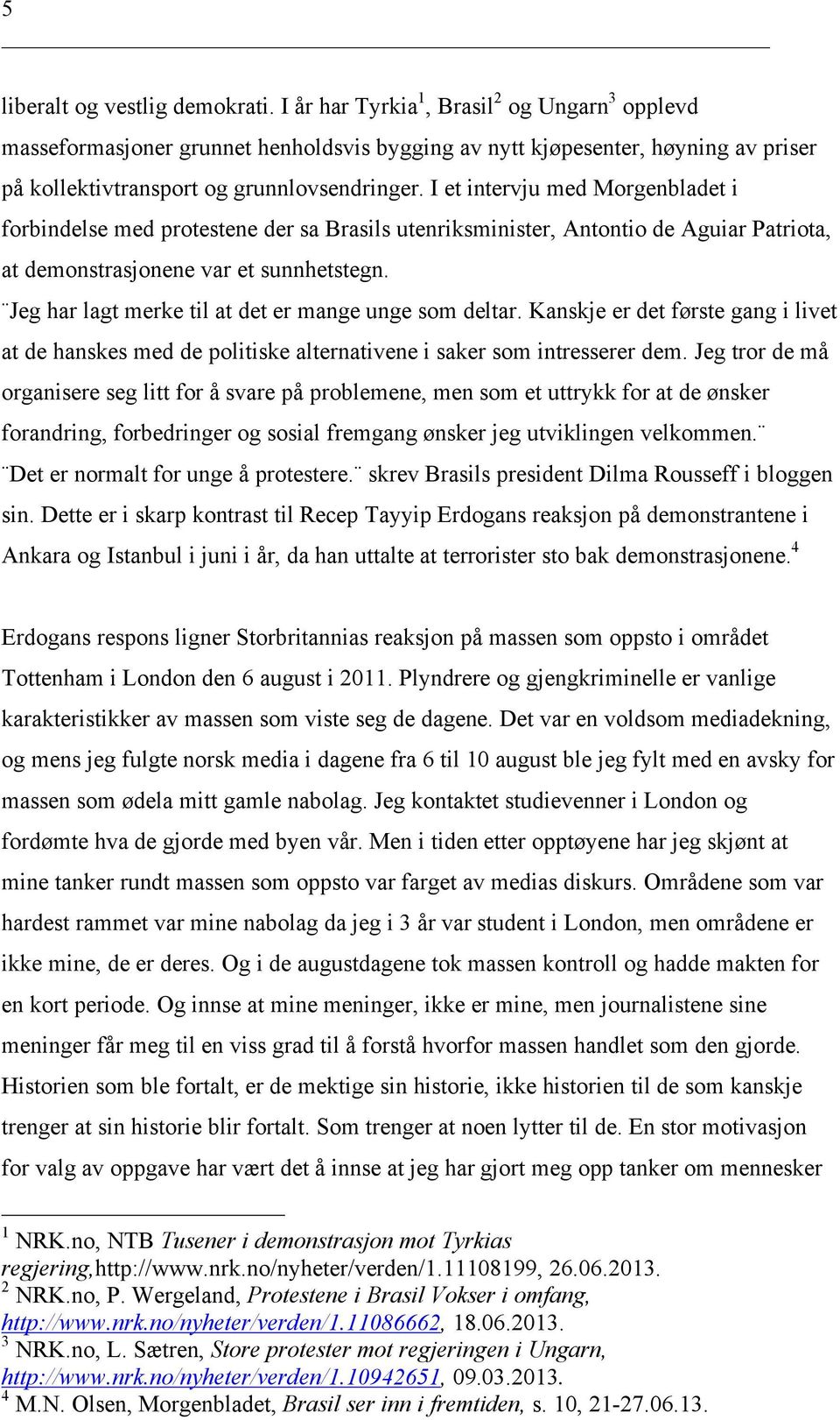 I et intervju med Morgenbladet i forbindelse med protestene der sa Brasils utenriksminister, Antontio de Aguiar Patriota, at demonstrasjonene var et sunnhetstegn.