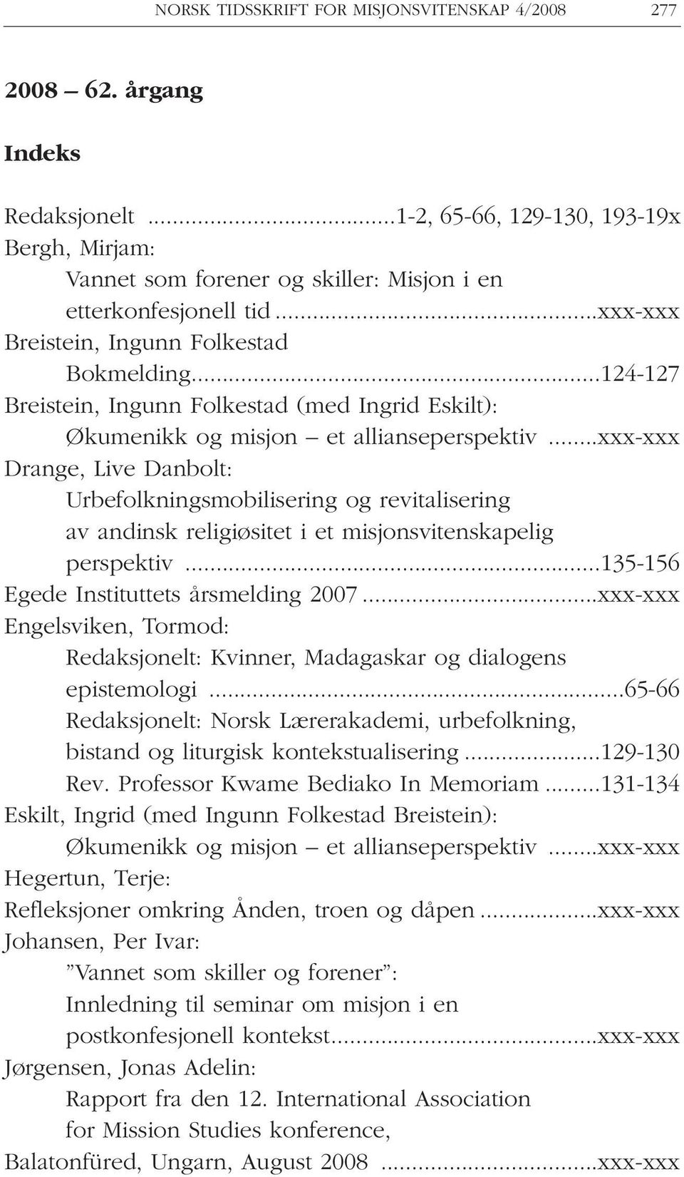 ..xxx-xxx Drange, Live Danbolt: Urbefolkningsmobilisering og revitalisering av andinsk religiøsitet i et misjonsvitenskapelig perspektiv...135-156 Egede Instituttets årsmelding 2007.