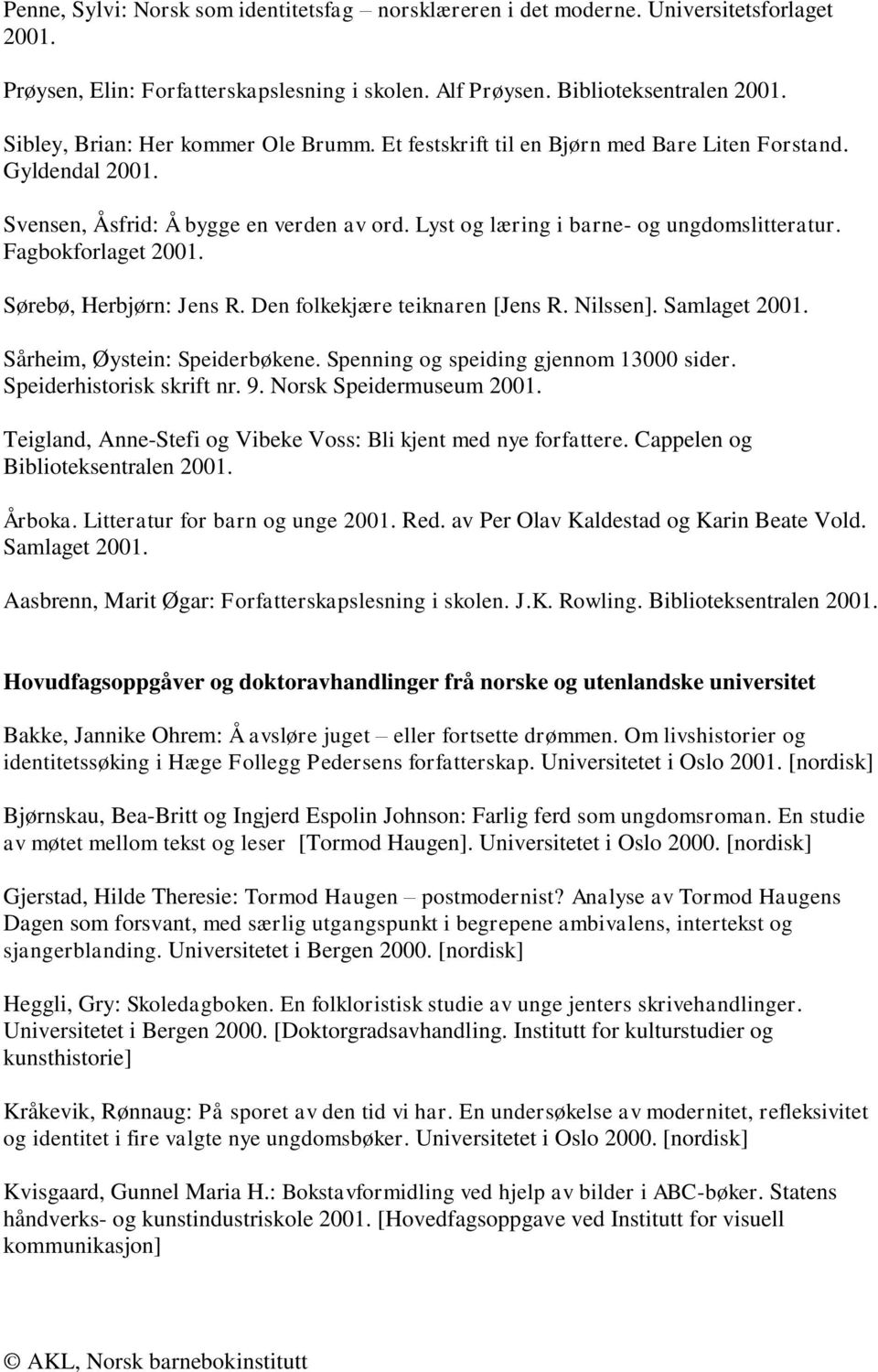 Fagbokforlaget 2001. Sørebø, Herbjørn: Jens R. Den folkekjære teiknaren [Jens R. Nilssen]. Samlaget 2001. Sårheim, Øystein: Speiderbøkene. Spenning og speiding gjennom 13000 sider.