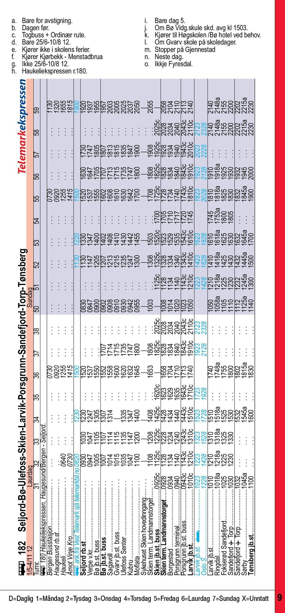 ÿ 182 Seljord-Bø-Ulefoss-Skien-Larvik-Porsgrunn-Sandefjord-Torp-Tønsberg Telemarkekspressen 1/5-4/11 12 Laurdag Sundag Turnr.
