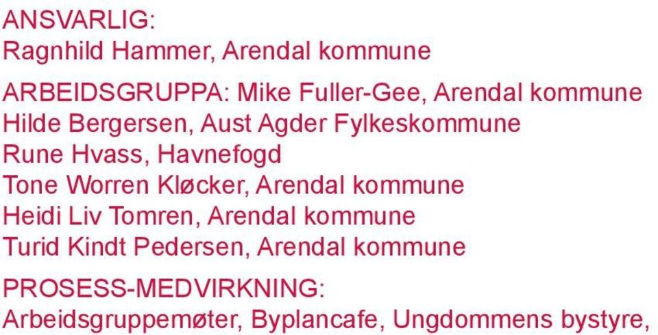 Kløcker, Arendal kommune Heidi Liv Tomren, Arendal kommune Turid Kindt Pedersen,