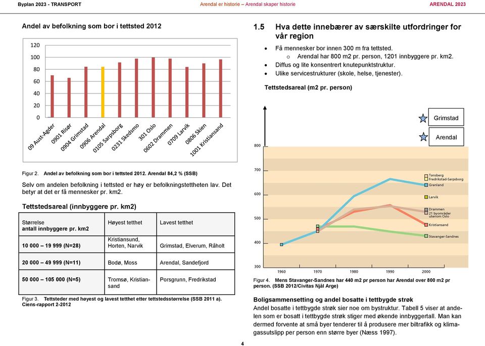 Andel av befolkning som bor i tettsted 2012. Arendal 84,2 % (SSB) Selv om andelen befolkning i tettsted er høy er befolkningstettheten lav. Det betyr at det er få mennesker pr. km2.