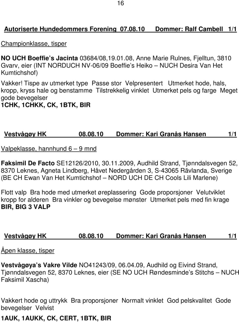 Tispe av utmerket type Passe stor Velpresentert Utmerket hode, hals, kropp, kryss hale og benstamme Tilstrekkelig vinklet Utmerket pels og farge Meget gode bevegelser 1CHK, 1CHKK, CK, 1BTK, BIR