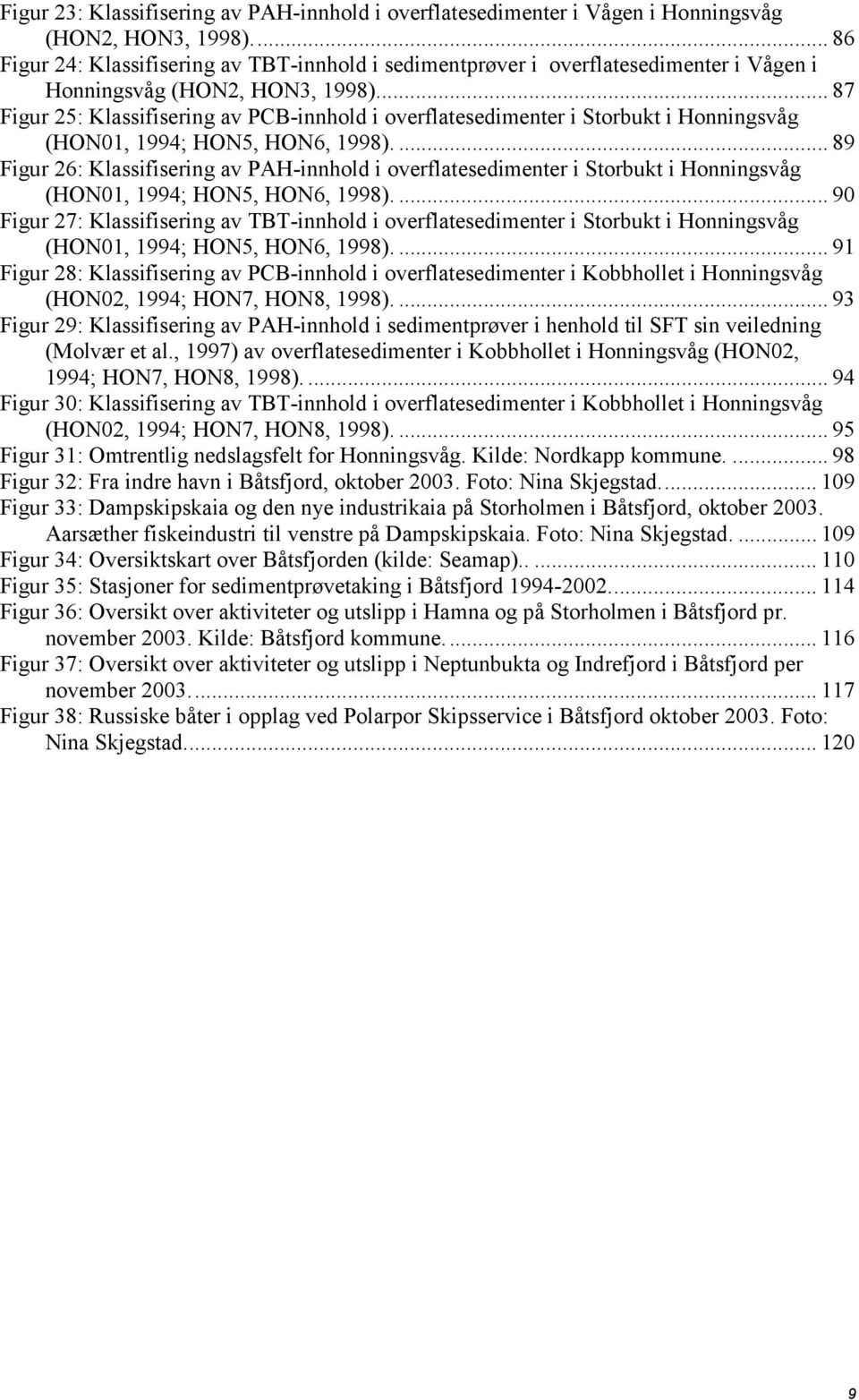 .. 87 Figur 25: Klassifisering av PCB-innhold i overflatesedimenter i Storbukt i Honningsvåg (HON01, 1994; HON5, HON6, 1998).