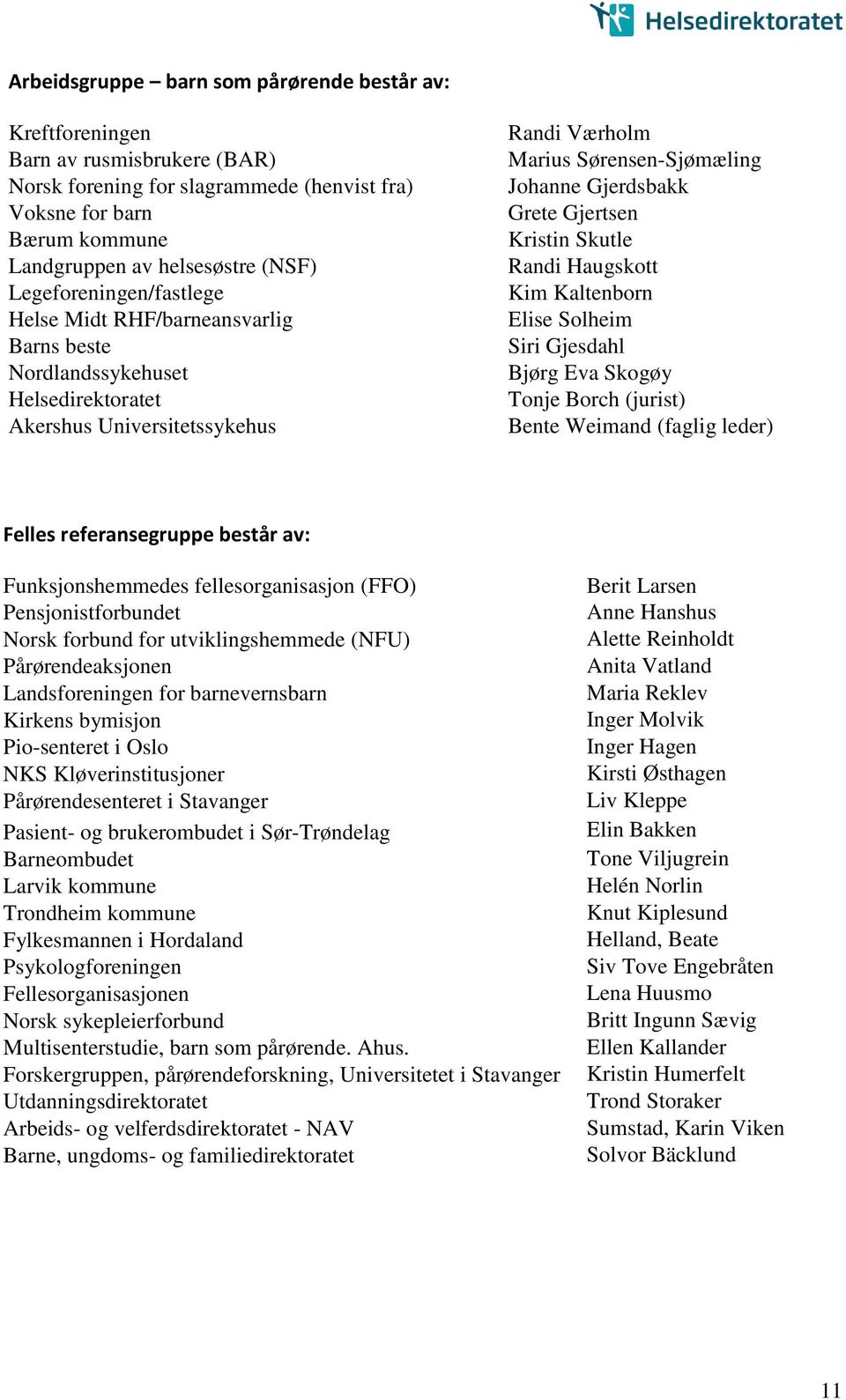 Gjertsen Kristin Skutle Randi Haugskott Kim Kaltenborn Elise Solheim Siri Gjesdahl Bjørg Eva Skogøy Tonje Borch (jurist) Bente Weimand (faglig leder) Felles referansegruppe består av: