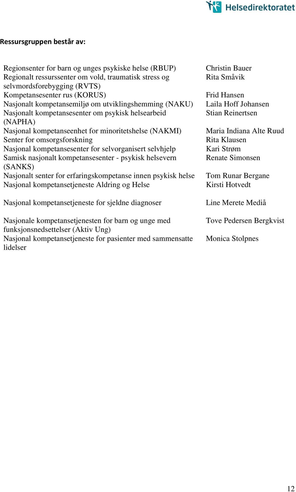 kompetansesenter for selvorganisert selvhjelp Samisk nasjonalt kompetansesenter - psykisk helsevern (SANKS) Nasjonalt senter for erfaringskompetanse innen psykisk helse Nasjonal kompetansetjeneste