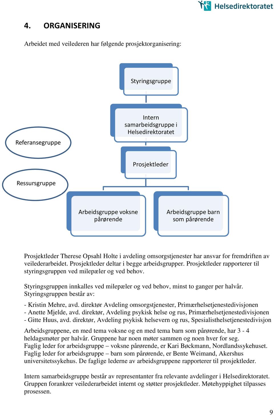 Prosjektleder rapporterer til styringsgruppen ved milepæler og ved behov. Styringsgruppen innkalles ved milepæler og ved behov, minst to ganger per halvår.