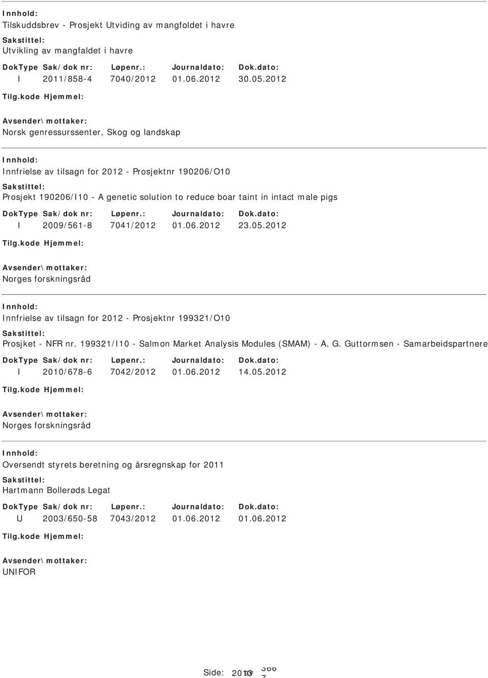 2009/561-8 041/2012 01.06.2012 23.05.2012 Norges forskningsråd nnfrielse av tilsagn for 2012 - rosjektnr 199321/O10 rosjket - NFR nr.