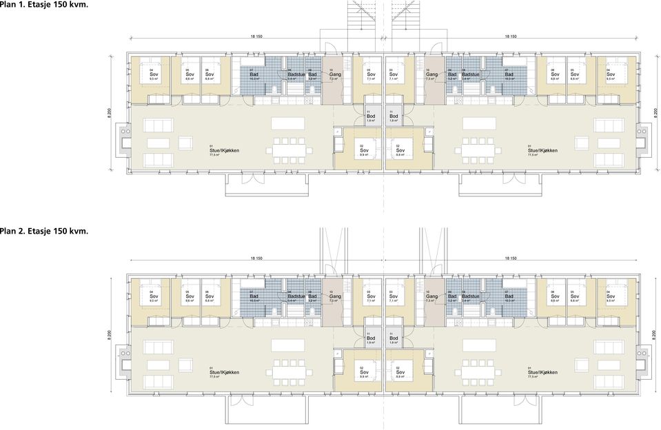 Etasje 150 kvm. 18 150 18 150 REVIDERT RAMMESØKNAD A 2 0-1 -1 Plan 1. Etasje 150 1:0,3 m² 08 stue 3,4 m² 3,2 m² REVISJONER: 295.