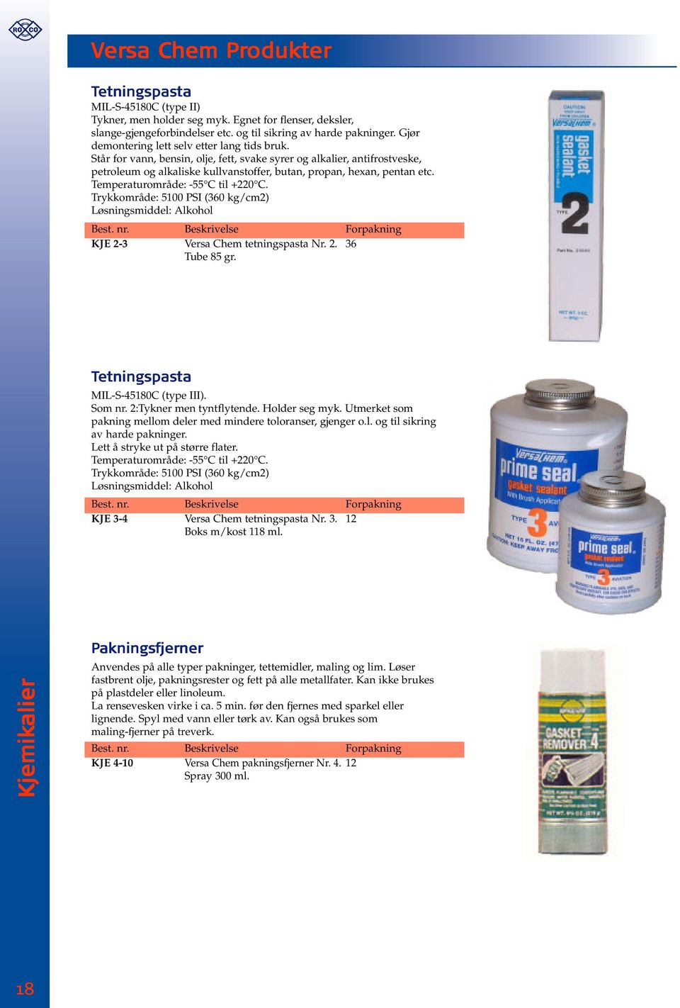 Temperaturområde: -55 C til +220 C. Trykkområde: 5100 PSI (360 kg/cm2) Løsningsmiddel: Alkohol Forpakning KJE 2-3 Versa Chem tetningspasta Nr. 2. 36 Tube 85 gr.