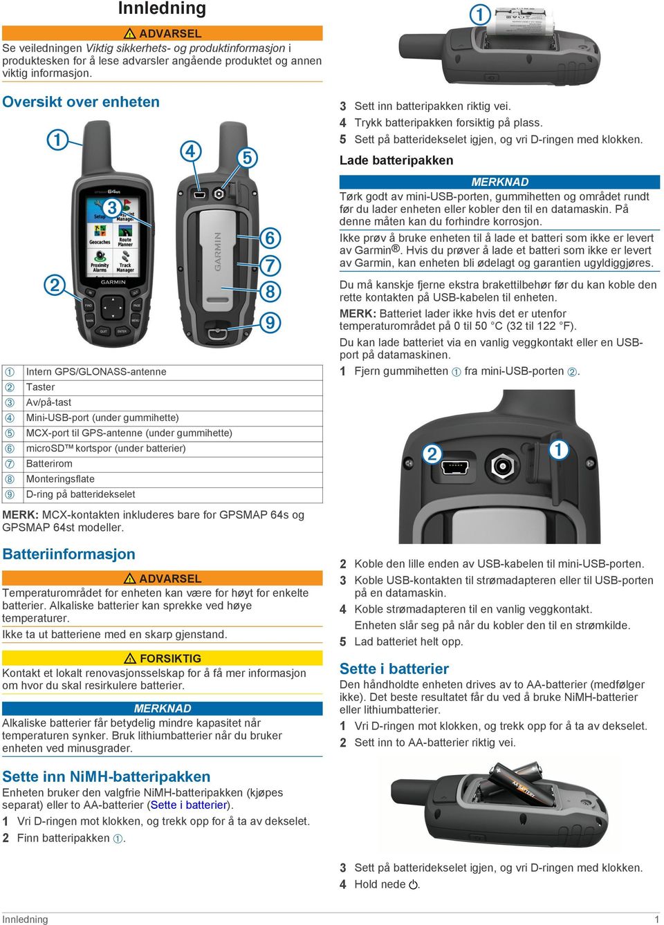 Batterirom Monteringsflate D-ring på batteridekselet MERK: MCX-kontakten inkluderes bare for GPSMAP 64s og GPSMAP 64st modeller.