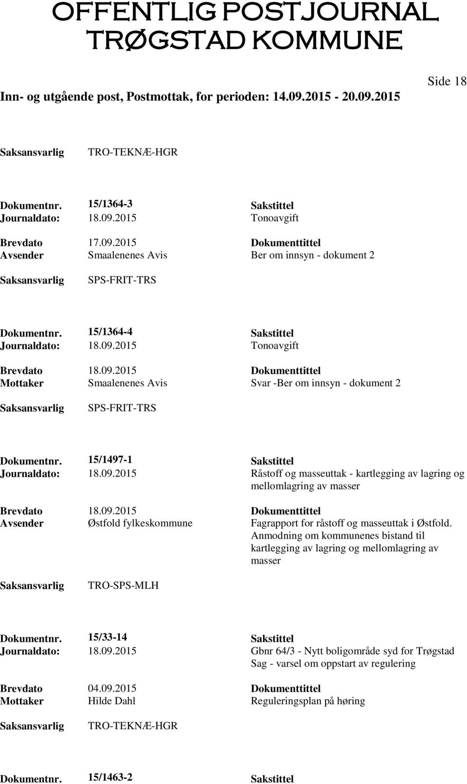 15/1497-1 Sakstittel Journaldato: 18.09.2015 Råstoff og masseuttak - kartlegging av lagring og mellomlagring av masser Brevdato 18.09.2015 Dokumenttittel Avsender Østfold fylkeskommune Fagrapport for råstoff og masseuttak i Østfold.