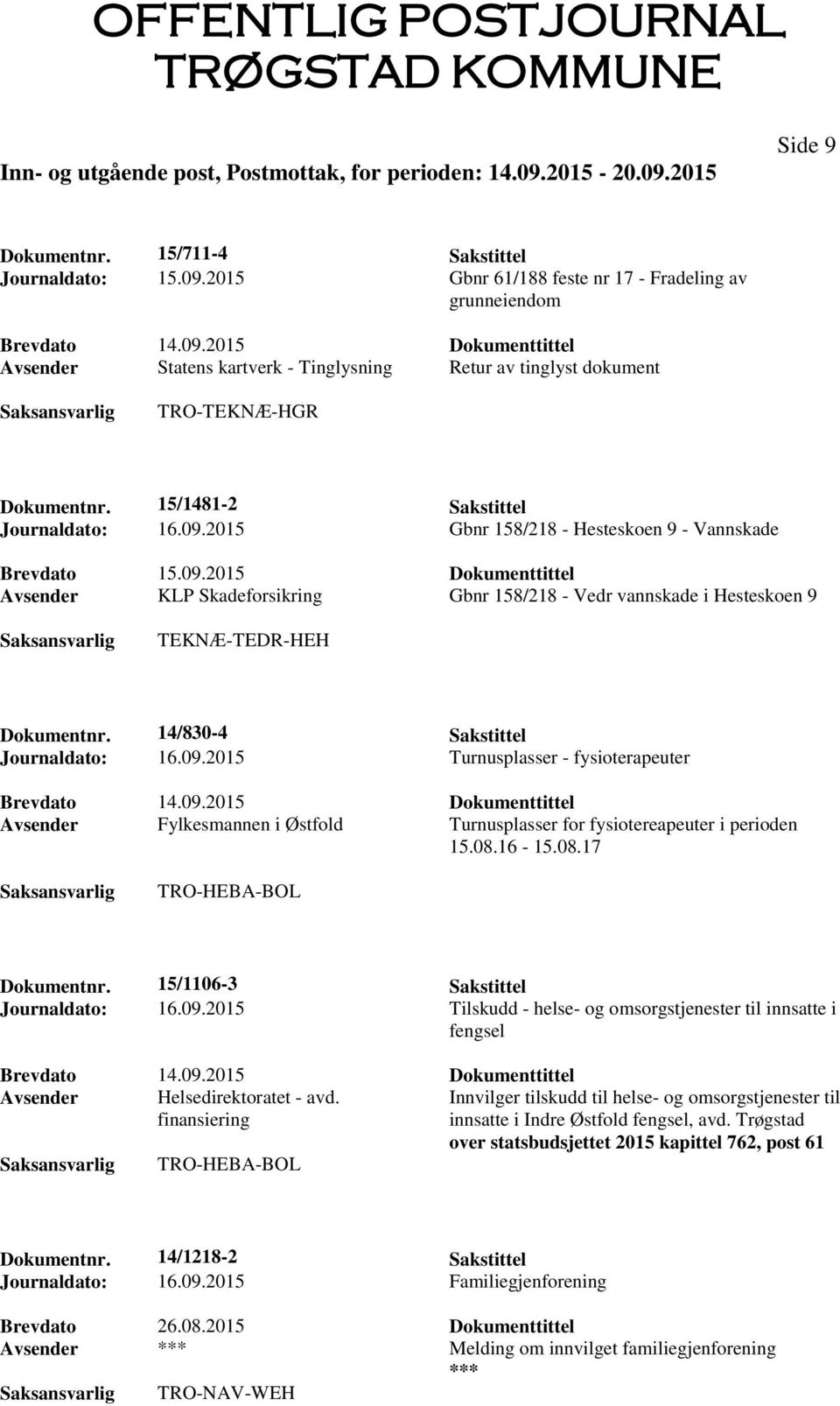 2015 Gbnr 158/218 - Hesteskoen 9 - Vannskade Avsender KLP Skadeforsikring Gbnr 158/218 - Vedr vannskade i Hesteskoen 9 TEKNÆ-TEDR-HEH Dokumentnr. 14/830-4 Sakstittel Journaldato: 16.09.