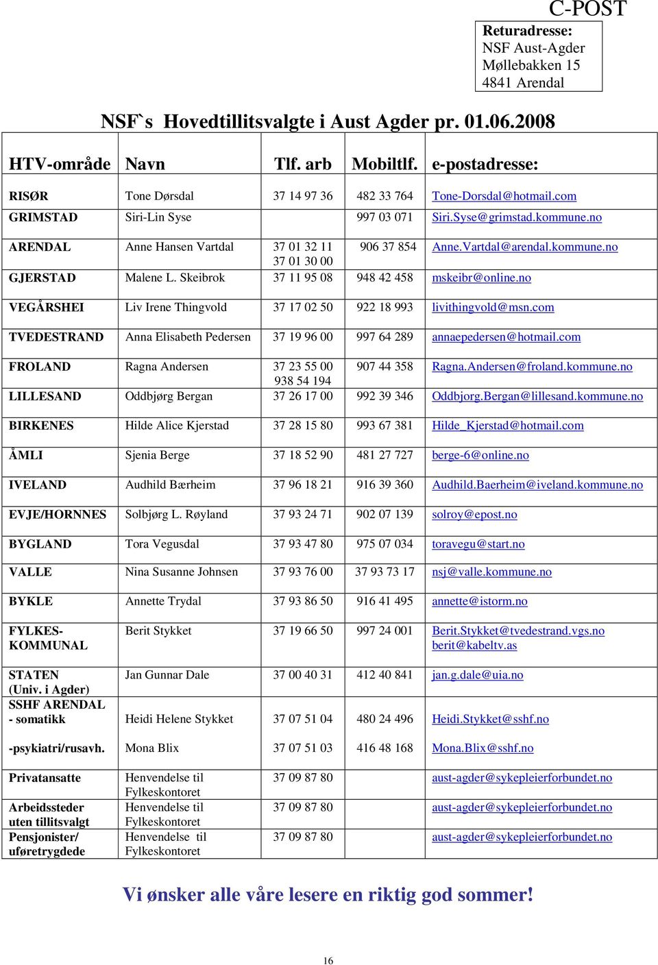 no ARENDAL Anne Hansen Vartdal 37 01 32 11 906 37 854 Anne.Vartdal@arendal.kommune.no 37 01 30 00 GJERSTAD Malene L. Skeibrok 37 11 95 08 948 42 458 mskeibr@online.