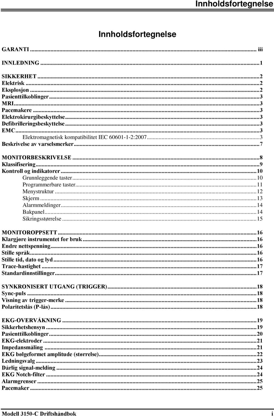 .. 9 Kontroll og indikatorer... 10 Grunnleggende taster... 10 Programmerbare taster... 11 Menystruktur... 12 Skjerm... 13 Alarmmeldinger... 14 Bakpanel... 14 Sikringsstørrelse... 15 MONITOROPPSETT.