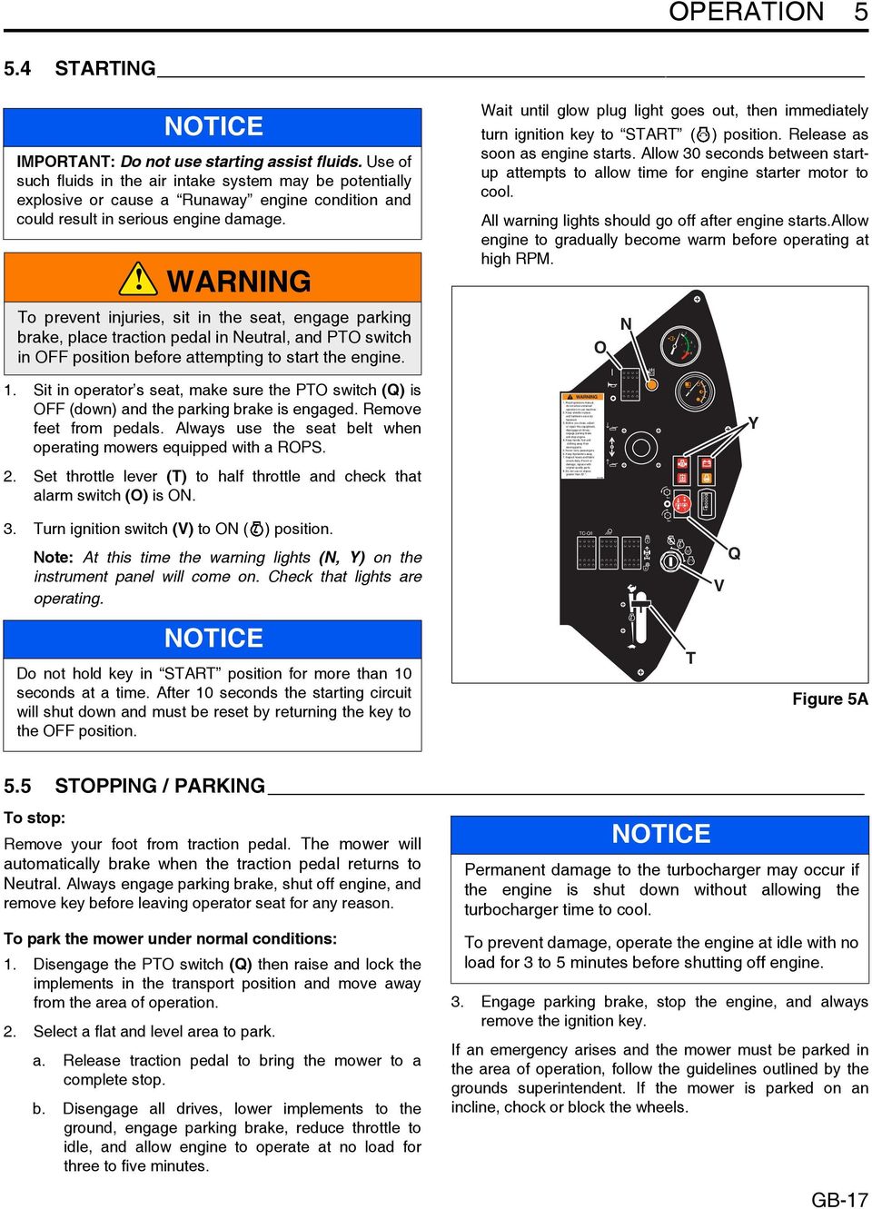 WARNING To prevent injuries, sit in the seat, engage parking brake, place traction pedal in Neutral, and PTO switch in OFF position before attempting to start the engine.